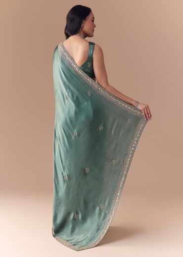 Mint Green Chinon Embroidered Saree with Unstitched Blouse