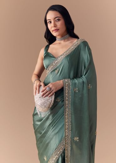 Mint Green Chinon Embroidered Saree with Unstitched Blouse