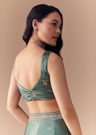 Mint Green Chinon Embroidered Saree with Unstitched Blouse