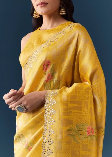 Yellow Jacquard Silk Woven Saree with Unstitched Blouse