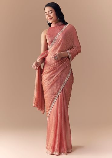 Peach Jacquard Print Tissue Saree with Unstitched Blouse
