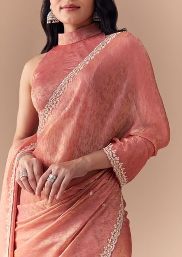 Peach Jacquard Print Tissue Saree with Unstitched Blouse