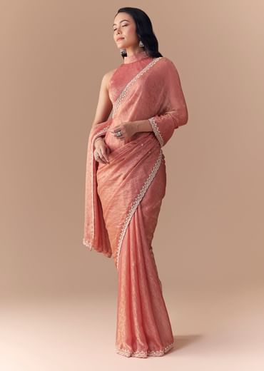Peach Jacquard Print Tissue Saree with Unstitched Blouse
