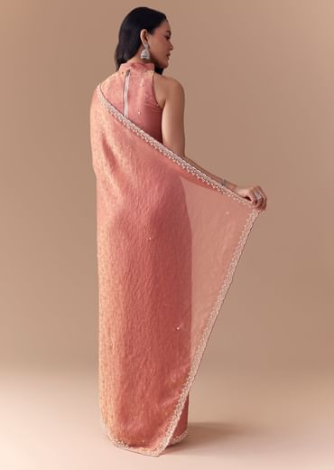 Peach Jacquard Print Tissue Saree with Unstitched Blouse