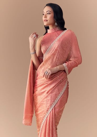 Peach Jacquard Print Tissue Saree with Unstitched Blouse