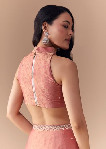 Peach Jacquard Print Tissue Saree with Unstitched Blouse