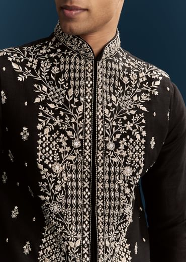 Black Silk Kurta Jacket Set For Men With Heavy Embroidery
