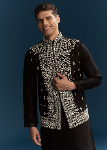 Black Silk Kurta Jacket Set For Men With Heavy Embroidery