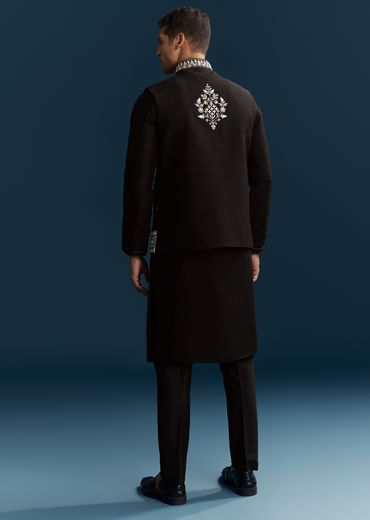 Black Silk Kurta Jacket Set For Men With Heavy Embroidery