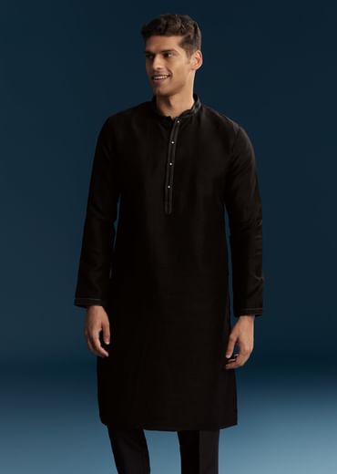 Black Silk Kurta Jacket Set For Men With Heavy Embroidery