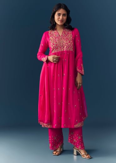 Pink Silk Zari Embroidered Anarkali Set