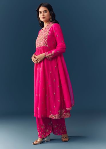 Pink Silk Zari Embroidered Anarkali Set