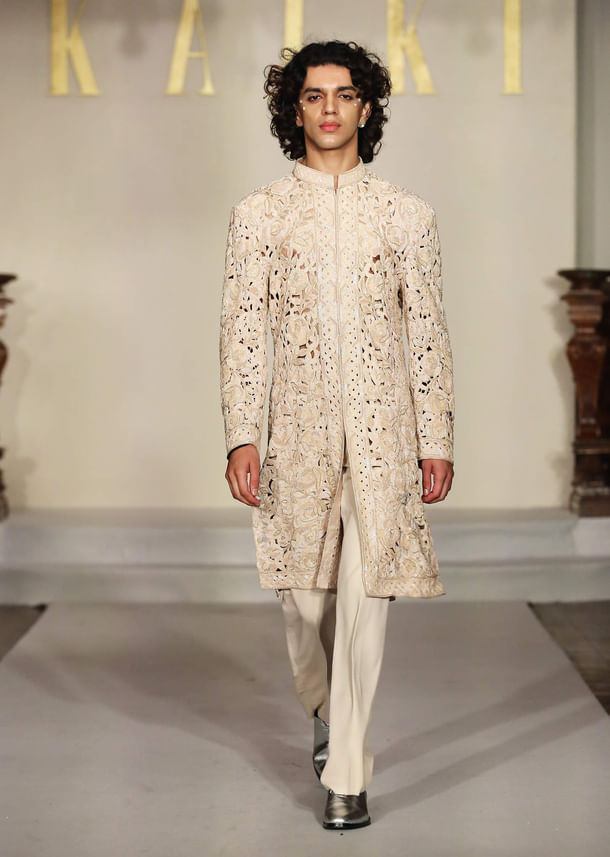 White Silk Sherwani For Groom With Cutwork Embroidery
