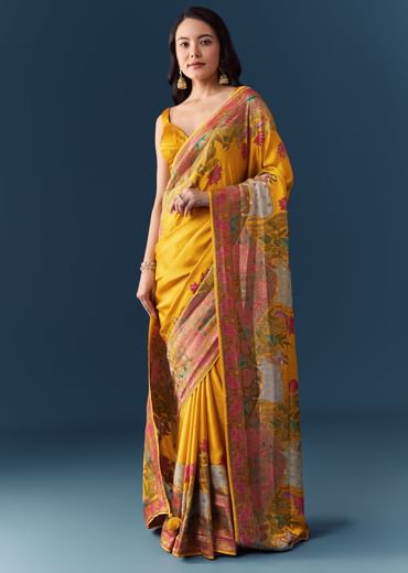Mustard Banarasi Silk Woven Saree with Unstitched Blouse