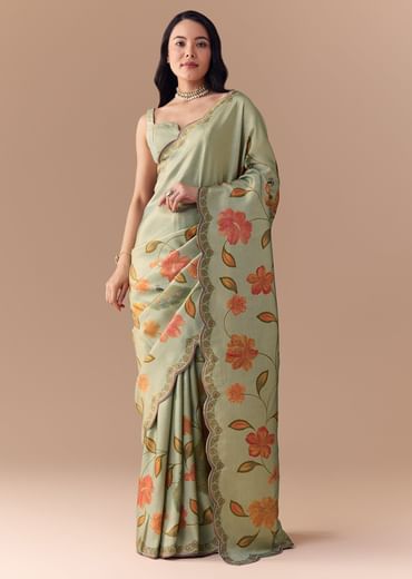 Mint Green Jacquard Silk Floral Woven Saree with Unstitched Blouse