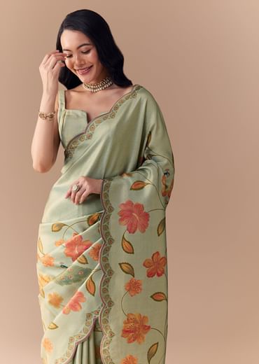 Mint Green Jacquard Silk Floral Woven Saree with Unstitched Blouse