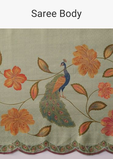 Mint Green Jacquard Silk Floral Woven Saree with Unstitched Blouse