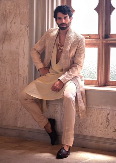 Gold Silk Sherwani For Groom With Regal Embroidery