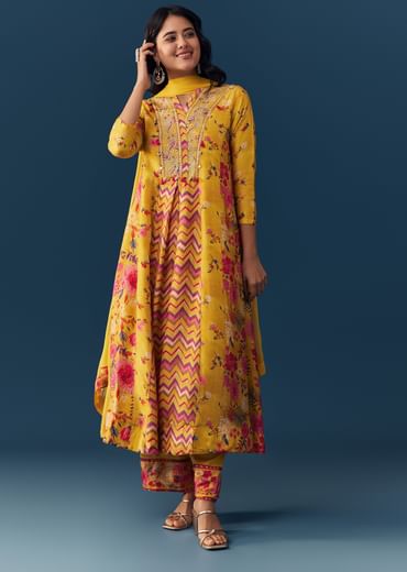 Yellow Floral Print Anarkali Set
