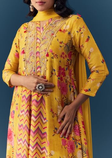 Yellow Floral Print Anarkali Set