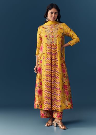 Yellow Floral Print Anarkali Set