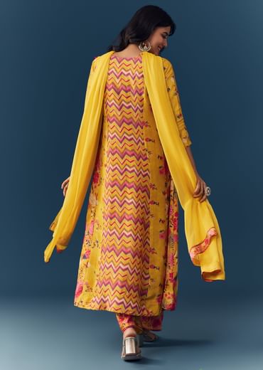 Yellow Floral Print Anarkali Set