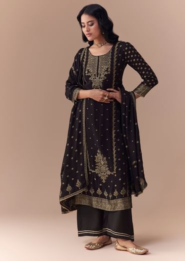 Black Jacquard Woven Gota Work Kurta Palazzo Set