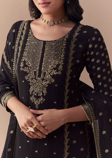 Black Jacquard Woven Gota Work Kurta Palazzo Set