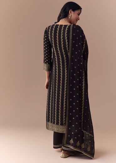 Black Jacquard Woven Gota Work Kurta Palazzo Set