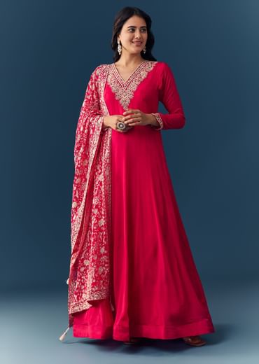 Hot Pink Thread Embroidered Anarkali with Dupatta