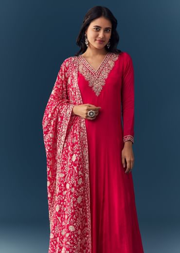 Hot Pink Thread Embroidered Anarkali with Dupatta