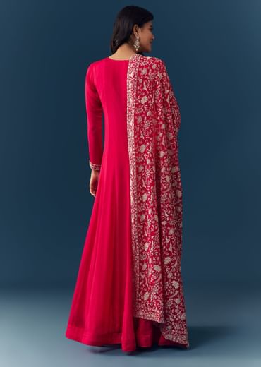 Hot Pink Thread Embroidered Anarkali with Dupatta