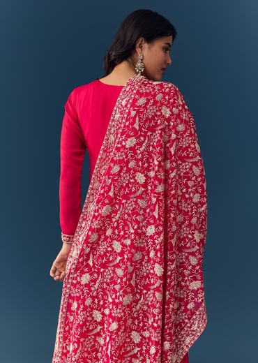 Hot Pink Thread Embroidered Anarkali with Dupatta