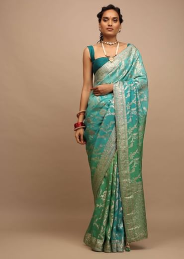 Sea Green And Turquoise Saree In Georgette With Woven Floral Jaal