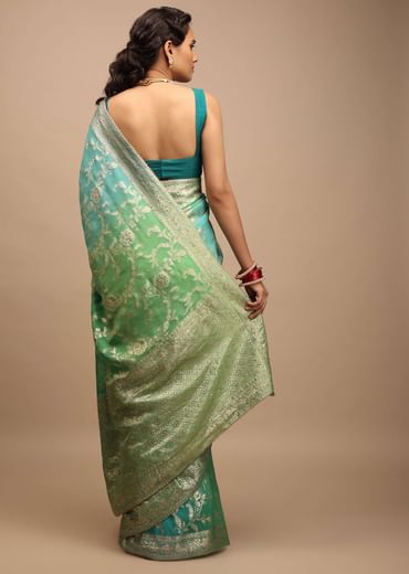Sea Green And Turquoise Saree In Georgette With Woven Floral Jaal