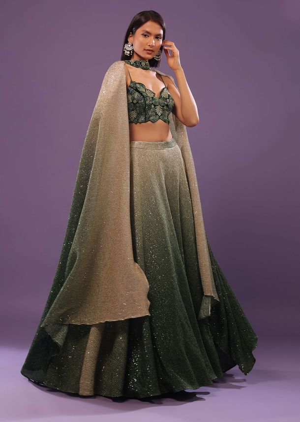 Deep Green Ombre And Gold Embroidered Lehenga Set With Sequins Embroidery Deep Green Ombre And Gold Embroidered Lehenga Set With Sequins Embroidery