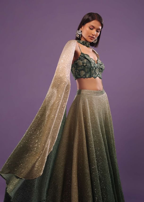 Deep Green Ombre And Gold Embroidered Lehenga Set With Sequins Embroidery Deep Green Ombre And Gold Embroidered Lehenga Set With Sequins Embroidery