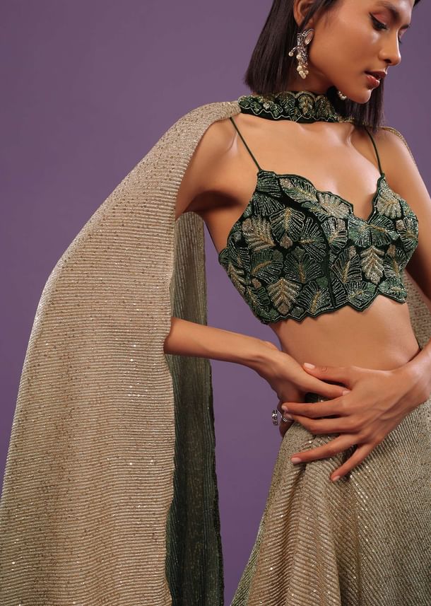 Deep Green Ombre And Gold Embroidered Lehenga Set With Sequins Embroidery Deep Green Ombre And Gold Embroidered Lehenga Set With Sequins Embroidery