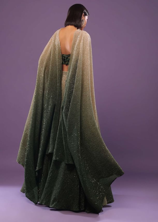 Deep Green Ombre And Gold Embroidered Lehenga Set With Sequins Embroidery Deep Green Ombre And Gold Embroidered Lehenga Set With Sequins Embroidery