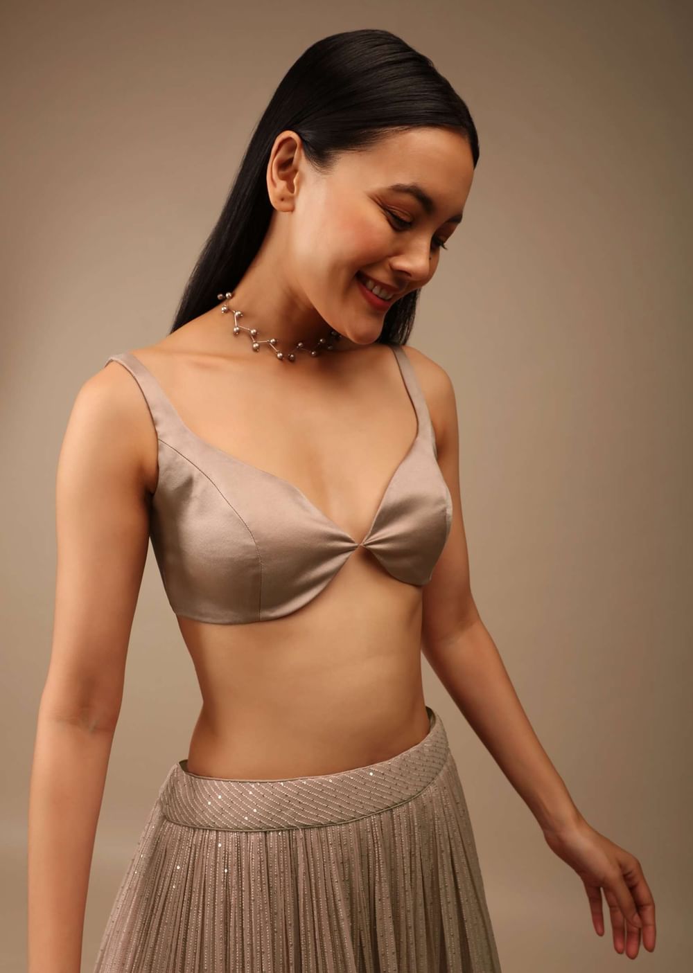 Shadow Grey Backless Blouse In Satin With Plunging Sweetheart Neckline And Curved Hem
