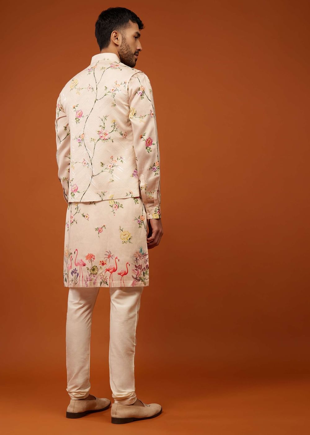 Nude White Flora And Fauna Printed Bandi Jacket Set In Cotton Silk