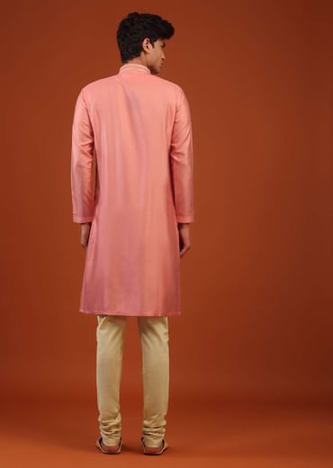 Coral Pink Thread Embroidered Silk Kurta Set