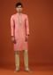 Coral Pink Thread Embroidered Silk Kurta Set