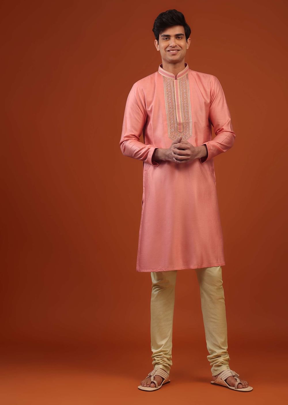 Coral Pink Thread Embroidered Silk Kurta Set