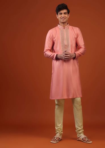 Coral Pink Thread Embroidered Silk Kurta Set