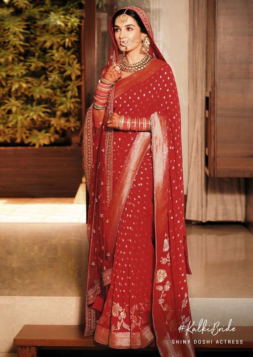 Fiery Red Saree In Georgette With Brocade Buttis And Floral Border Online - Kalki Fashion