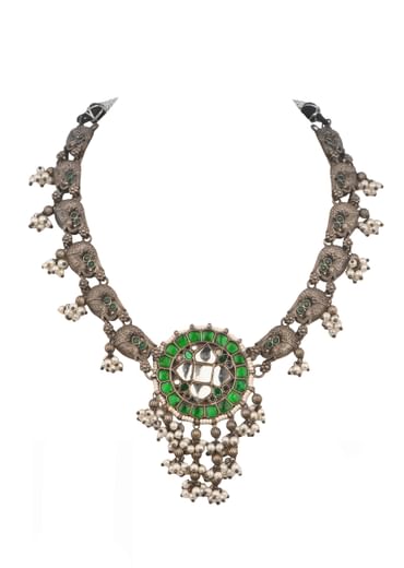 Silver And Green Oxidized Ethnic Boho Necklace Set In Mix Metal
