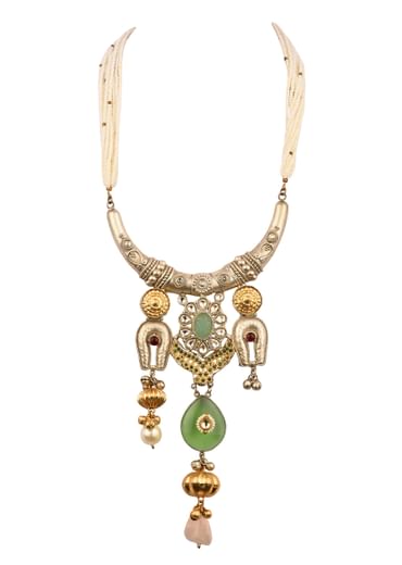 Silver And Mint Green Oxidized Ethnic Necklace In Mix Metal
