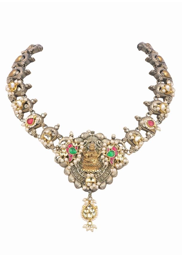 Silver And Multicolor Oxidized Ethnic Boho Necklace Set In Mix Metal Silver And Multicolor Oxidized Ethnic Boho Necklace Set In Mix Metal