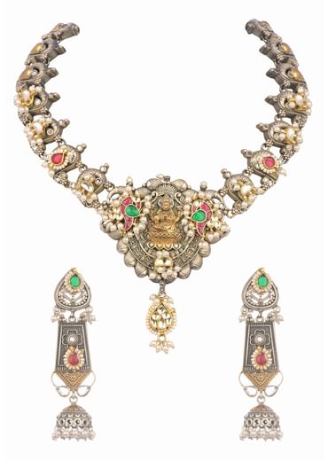 Silver And Multicolor Oxidized Ethnic Boho Necklace Set In Mix Metal